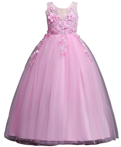 DISSA Robe Fille sans Manches Tulle Dentelle Fête,4-14 Ans | surjet dentelle délicat,nœud classique dos,fermeture cachée,jupe fluide complète,mariage,fête,anniversaire