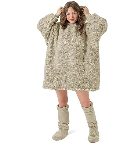Oversize Hoodie Giant Sweatshirt Snug and Cosy Faux Fur Wearable Blanket Shaggy Fluffy Teddy Soft Hoodie Gift For Him Her with Pocket (Teddy Beige)