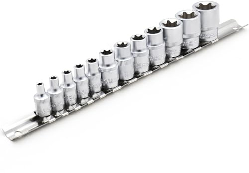 DAKCOS 12-tlg. Außen Torx Steckschlüssel Satz 1/4 und 3/8 Torxschlüssel Nuss Set Stecknüsse E4, E5, E6, E7, E8, E10, E11, E12, E14, E16, E18, E20 aus CR-V mit mattierter Chromoberfläche | Stecknüsse E4, E5, E6, E7, E8, E10, E11, E12, E14, E16, E18, E20 aus CR-V mit mattierter Chromoberfläche