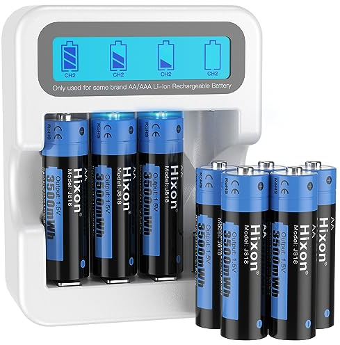 Hixon Lot de 8 piles AA rechargeables au lithium double A avec chargeur LCD, piles AA rechargeables au lithium, sortie constante de 1,5 V, 1500 cycles, courant max 3 A