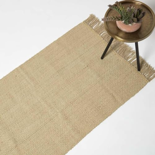 Homescapes Zaphyr Jute-Teppich Natur 70x120 cm, Flachgewebe-Teppich Naturfasern, Naturteppich mit Fransen