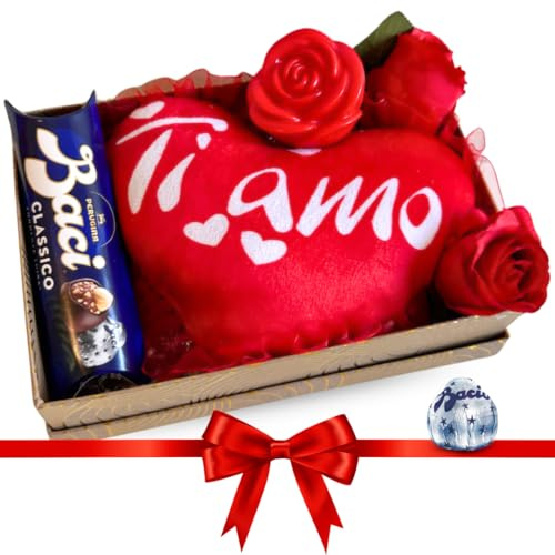Regalo Festa della Mamma 2025 - Scatola Regalo 20cm + 37,5gr Baci Perugina + Cuscino Ti Amo + Rosa Luminosa + Rose Artificiali Rosse - Regalo Mamma/Donna (NARA_CHOCOLATE)