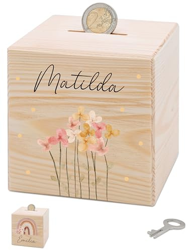 Bärenfreunde® - Personalisierte Spardose Kinder aus Holz mit Metallschloss - Spardose mit Namen mit kinderfreundlichem UV-Druck zum Sparen für Kinderträume (Blumen Punkte)