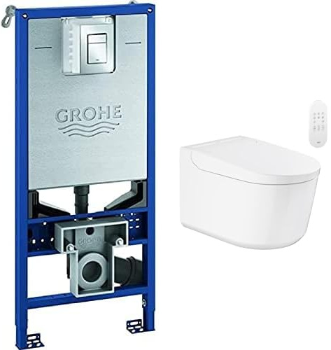 GROHE Sensia Wall Hung Shower Toilet Rimless WC & Rapid SLX 3-in-1 Concealed Cistern Frame Set Installation System 1.13m with Skate Cosmopolitan S Chrome Flush Plate