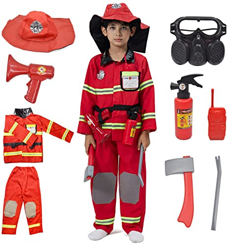 ZUCOS Barn brandman kostym rollspel set – brandman leksak tillbehör brandman klä upp karneval födelsedag julklapp (3–4 år)