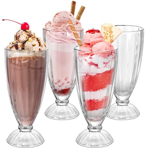 LIMILI Milkshake Glasses, Glass Ice Cream Cups, Footed Glass Dessert Dishes, Ice Cream Sundae Glasses, Dessert Milk Shake Cups, Soda Fountain Glasses (350ml - 4pcs)