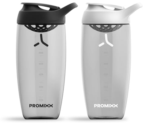 Promixx Pursuit Protein Shaker Bottle 2-Pack, Premium Sports Shaker Bottles for Protein Mixes and Supplement Shakes, Stealth Black, Arctic White, 700 ml
