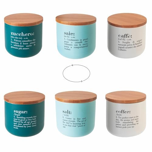 Villa d'Este Home Tivoli Set 3 barattoli sale, zucchero e caffè 500 ml in ceramica, coperchio in bambù, Victionary