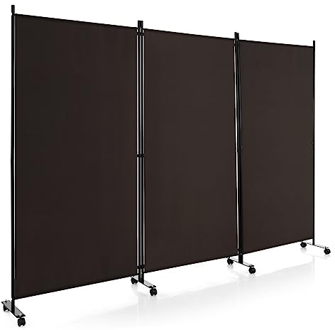 LIFEZEAL 3 Teilig Raumteiler Faltbar, Trennwand mit Rollen, Raumteiler Stehend aus Metallrahmen, Paravent Stellwand für Wohnzimmer & Esszimmer (Braun, 262 x 180 cm)