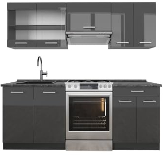 Vicco Küchenzeile R-Line, Anthrazit Hochglanz/Anthrazit, 200 cm | 5 Module · Höhenverstellbare Füße · AP Anthrazit inkl. · Robuste Fronten · Mit Glasschrank · Frei kombinierbar