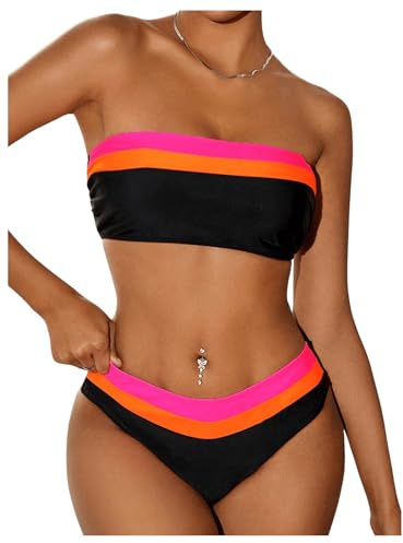 GORGLITTER Women's 2 Piece Strapless Swimsuits Color Block Bandeau Top Hipster Bikini Set Beach Swimwear Black X-Large
