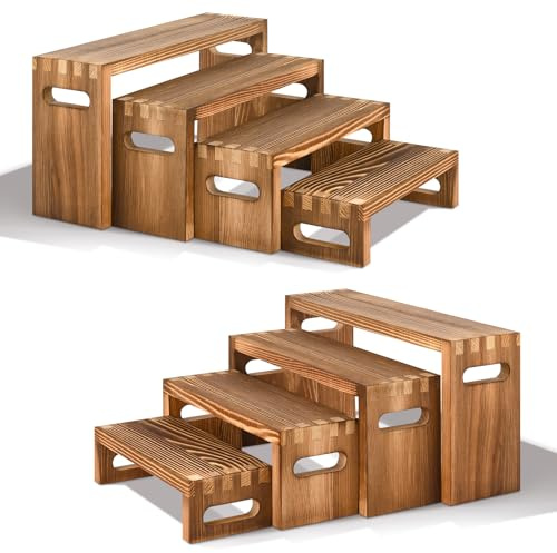 Luqvzxv 8 Pcs Wood Risers Display Stands, 2 Set Wooden Risers for Table Display, 4 Tier Rectangular Riser Display Stand Wooden for Cupcake, Desserts, Perfume, Collections, Jewelry Showcase