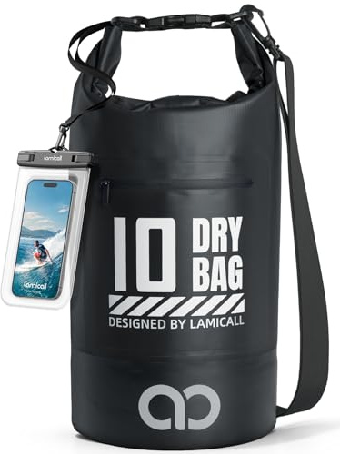 Lamicall Dry Bag, Waterproof Bag - [Robust & Anti-Scratch] 5L/10L/20L/30L/40L Waterproof Backpack with 100% Water Proof Phone Pouch, Floatable Drybag for Boat Swimming Kayaking Camping - Black(10L)