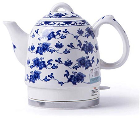 HFERTSCN Bollitore Elettrico in Ceramica Sollega Automatica Fuori Calda in calo in calo in Porcellana Blu Vintage e Bianca Bolle 1.5l Bolle Acqua FANDIAO