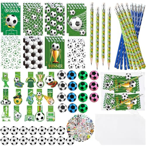 SUNXBUK 155 Piezas Piñata Futbol,Regalos Futbol Niños,Regalos Cumpleaños,Gomas,Sacapuntas, Lápices, Marcapáginas, Cuadernos, Pegatinas y Bolsas Transparentes para Lápices,Artículos de Fiesta Temático