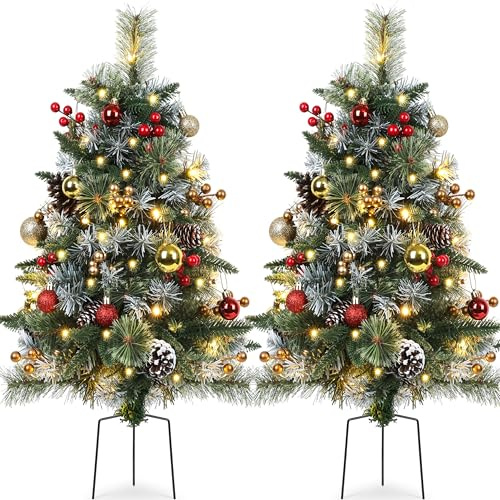 TOWPONICS Set of 2 Outdoor Pathway Christmas Trees with Lights, Frosted Twinkle Small Easy Christmas Tree for Driveway, Entrance, Urn & Pot Filler, Front Porch, Yard, Garden Outside Holiday Decoration
