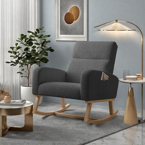FEEOHOME Fauteuil à Bascule, Chaise a Bascule avec Dossier, Fauteuil Chambre Bebe avec accoudoirs et Poche, Velours Teddy Chaise Loisir avec Base en Bois pour Chambre, Salon