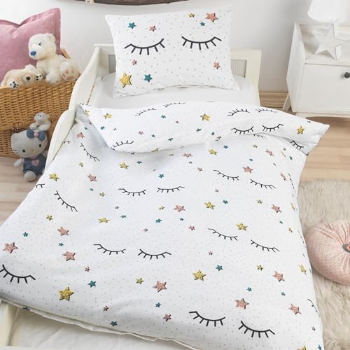 BaSaTex Kinder Baby Bettwäsche Set für Mädchen und Jungen | 100x135 cm + 40x60 cm | 100% Polyester Mikrofaser | Reißverschluss | Süße Träume - Naema | Weiss