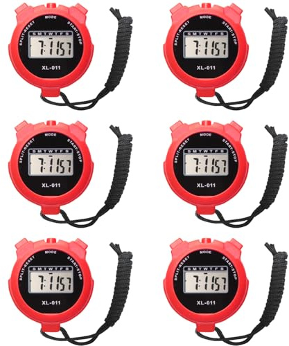 6-Pack Multi-Function Electronic Digital Sport Stopwatch Timer, Large Display with Date Time and Alarm Function, Sports Coaches Fitness Coaches and Referees (Red)