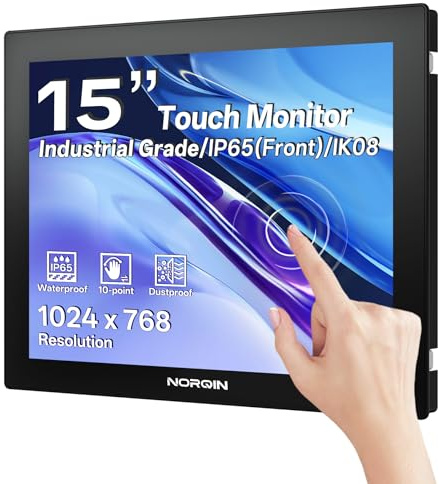 NORQIN Monitor Touchscreen Industriale 15 Pollici, IP65 Impermeabile | 1024×768 LCD Monitor Touch,Capacitivo 10 Punti,Montaggio VESA,HDMI/VGA/DVI/USB,Schermo Robusto per Chioschi,POS & Magazzino