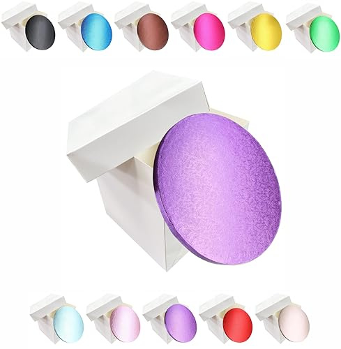 LARRYROO Tall White Extra Deep Cake Box + Lid & Round Colour Cake Drum Board Combo Pack for High Celebration, Wedding, Birthday Cakes (Purple, 10 Inch)