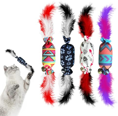 BelleFlair 4 pezzi set di giocattoli per gatti da appartamento, giocattolo interattivo per gatti con piume e campanello, giocattolo a forma di caramella per gattini, giocattoli kawaii per gatti