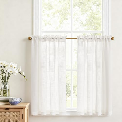 Vangao Voile Scheibengardinen Küche Bistrogardine 2er Set 90Bx115Hcm Weiß | Gardinen Kurz mit Stangendurchzug, Landhausstil Boho Halbtransparent Lichtdurchlässig Kurzstores für Wohnzimmer Wohnwagen