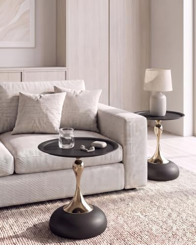 Soayone 2er Set Beistelltisch Schwarz Gold, Kleiner Couchtisch Rund, Kleiner Tisch für Wohnzimmer, Metalltisch Outdoor für Balkon, 40 cm Breite, 53 cm Höhe