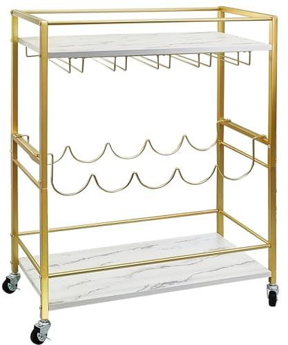 Jacgood Elegant Gold Bar Cart for Home, 3 - Tier Rolling Trolley | Marble pattern board wine serving cart with 5 glass rows, bottle rack, safety fence & wheels for luxury kitchen.