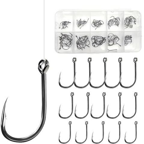 100 Pcs Assorted Size Fishing Hooks, 10 Sizes Fish Hooks 3-12# Comes In A Multiple Section Tackle Storage Box, With Eye Barbed Hooks High Carbon Stee for Saltwater Freshwater Fishing