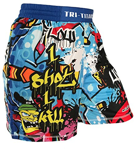 TRI-TITANS Graffiti Wrestling MMA BJJ Blue Fight Shorts for Boys (Youth Sizes) (Youth M: Waist 22-24)