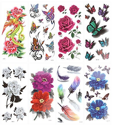 Ultnice temporäre Tattoos, verschiedene Motive, Schmetterlinge und Blumen, 8 Blätter