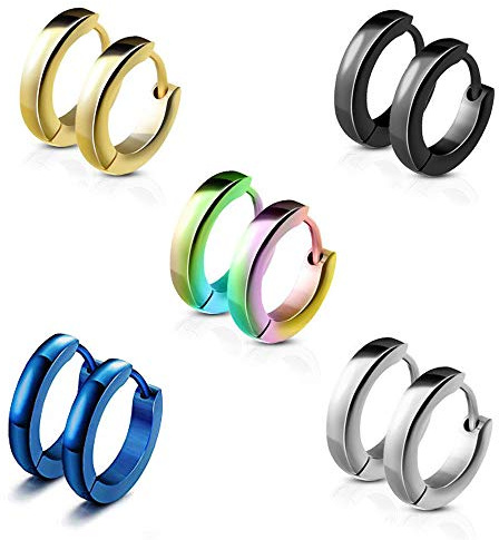 Epoch World 5 Paare Edelstahl Männer Creolen Silber Ohrringe für Damen Herren, Ohrringe Herren Gold Ohrringe Damen Creolen Set Schwarz 13MM