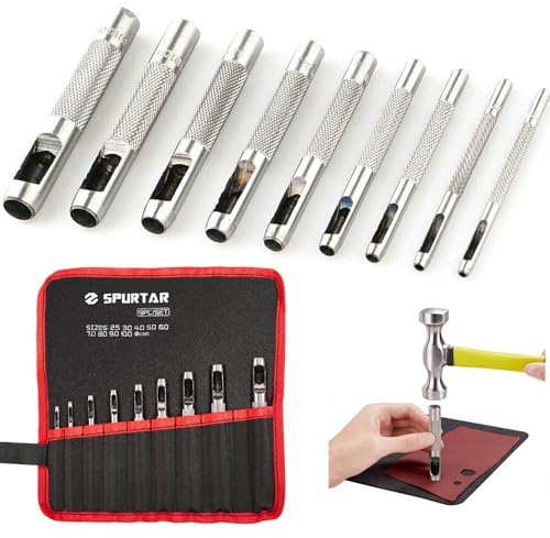 Spurtar 9 Pcs Steel Hollow Punch Set 2.5-10mm Heavy Duty Round Leather Hole Punching Tool for Watch Cloth Belt Gaskets w/Storage Bag