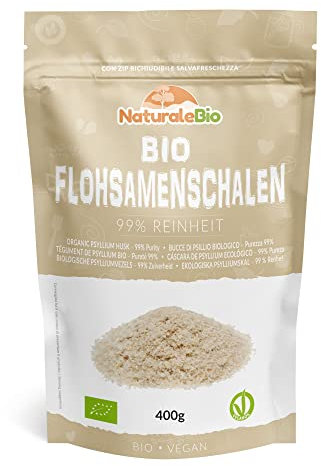 NaturaleBio Organic Psyllium Husk - 99% Purity - 400g. Pure & Natural Psyllium Seed Husks, Produced in India. High in Fibre, to be Mixed with Water, Beverages, & Juices, Vegetarian & Vegan.