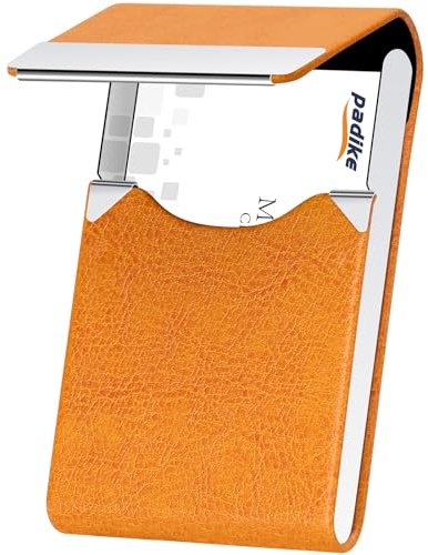 Padike Professional Business Card Holder PU Leather Business Card Case Name Card Holder Slim Metal Pocket Card Holder with Magnetic Shut (Z-Orange)
