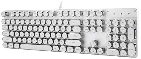 VBESTLIFE Mechanische Tastatur mit weißer Metalloberfläche, runder Retro-Kappe und Ersatzknopf für PC-Spieler
