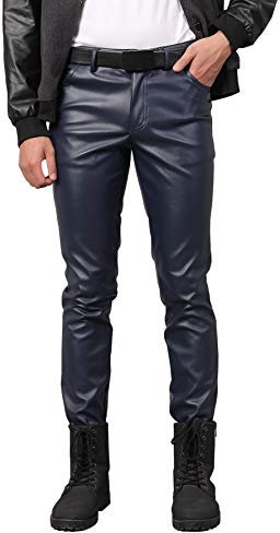 AIEOE Herren Lederjeans Winter PU Lederhose wasserdichte und Winddichte Bikerhose Dunkelblau Größe 34