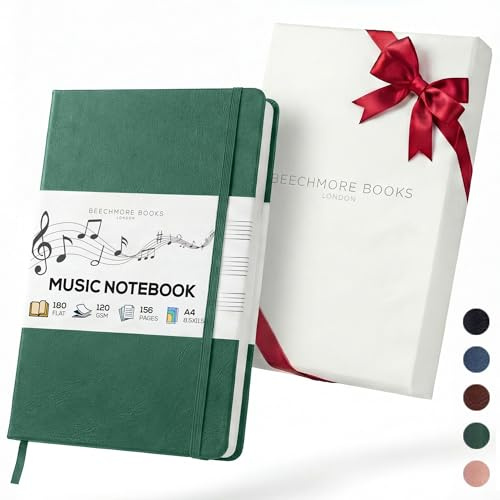 Beechmore Books Cuaderno de música A4 (21,6 x 29 cm) – 156 páginas, 120 g/m² | Tapa dura piel vegana, hojas con pentagrama perforadas, apertura plana, caja de regalo para músicos