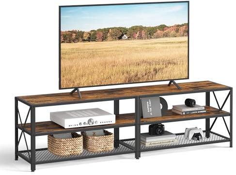 VASAGLE TV Stand, TV Table for TV up to 75 inches, with shelves, steel frame, living room, bedroom furniture, rustic brown and black LTV096B01