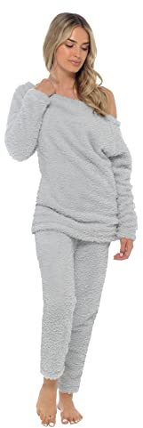 Lora Dora Damen Luxus Teddy Bear Fleece Lounge Set Damen Schulterfreies Oberteil Lounge-Hose Grau S/UK 8-10