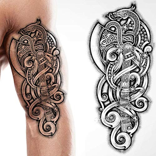 Tatodays Tillfällig tatuering viking yxa drake yxa nordisk svart pinne tribal barbar keltisk krigare på kroppskonst klistermärke överföring barn vuxna armar medeltida fancy dress kostymtillbehör