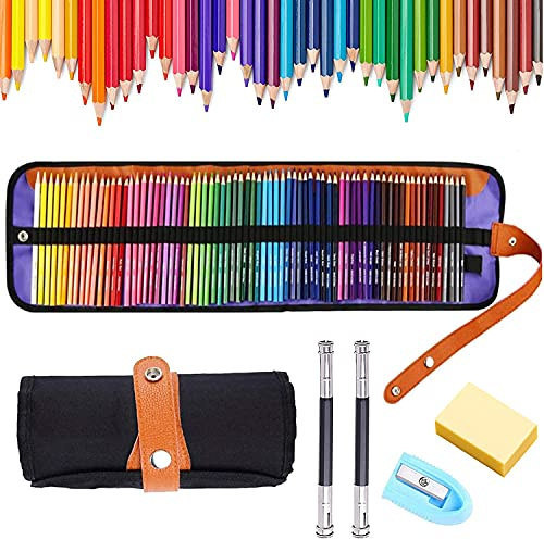 Matite colorate professionali, 72 matite colorate acquerellabili, con gomma, 2 prolunghe di matita, temperino e astuccio in tela pieghevole, ideale per bambini, adulti