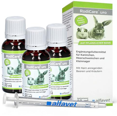 alvafet RodiCare URO, 3-pack, kompletterande foder för att minska urinstenbildning för kaniner, marsvin och smågnagare, 3 x 20 ml, doseringsspruta