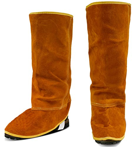 QeeLink Leather Welding Spats Extra Long - Heat and Abrasion Resistant Welding Boot Covers - Full Coverage Shoes Protectors - Welding Gaiters, 1 Pair