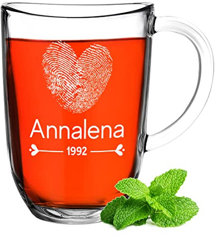 Teeglas Teebecher 380 ml mit Gravur - personalisiertes Espressoglas - für Cappuccino und Tee - das Geburtstagsgeschenk - Jubiläum und Weihnachten - Henkel Trinktasse - Kinder und Erwachsene