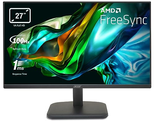 Acer EK271Hbif Monitor PC 27, Display VA Full HD, 100 Hz, 1ms (VRB), 16:9, FreeSync, VGA, HDMI 1.4, Lum 250 cd/m2, Schermo PC con Contrasto 100M:1, ZeroFrame, Cavo HDMI Incluso, Nero