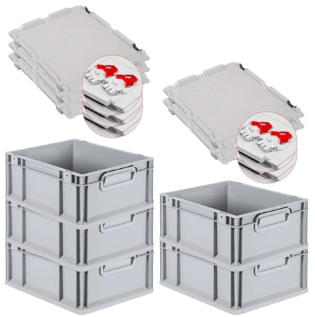 PROREGAL SuperSparSet 5x Eurobox NextGen Economy mit Scharnierdeckel & roten Verschlüssen | Griffe geschlossen | HxBxT 17x30x40cm | 16 Liter | Eurobehälter Transportbox Transportbehälter