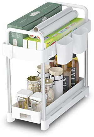 Mi hogar Unter Waschbecken Organizer 2 Ebenen – Küchen Organizer mit Schublade, Haken & Becher, Rostfrei – Badezimmer & Spülschrank Aufbewahrung für Küche, Schrank, Unterschrank