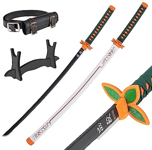 Demon Slayer Katana-svärd 105 cm/41 tum – samurajsvärd trä för anime cosplay – boken av bambuträ med bälte och stativ – Anime svärd dekorativ rekvisita – (Shinobu kocho)